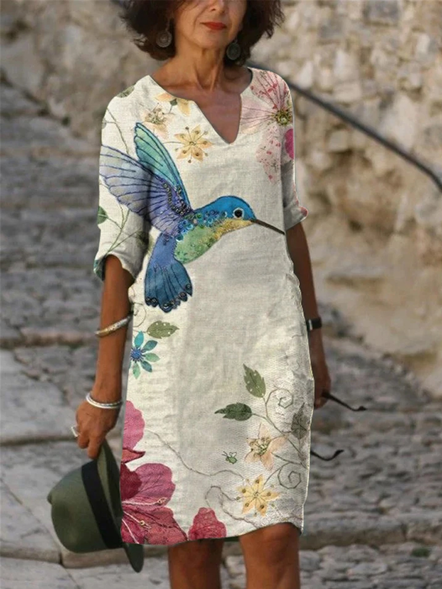 Ladies V neck Printed Casual Shift Dress