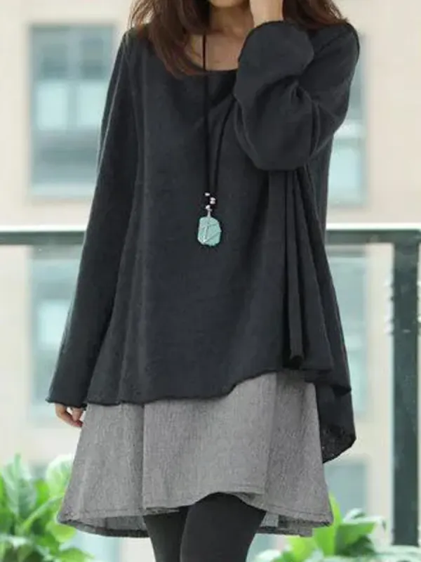 Casual Solid Color Crew Neck Long Sleeves Shift Dress - Ininrubyclub.com 
