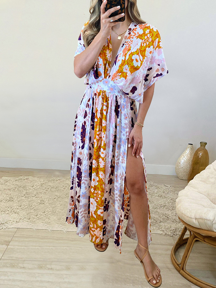 Printed Beach Doll Sleeve V Neck Dress