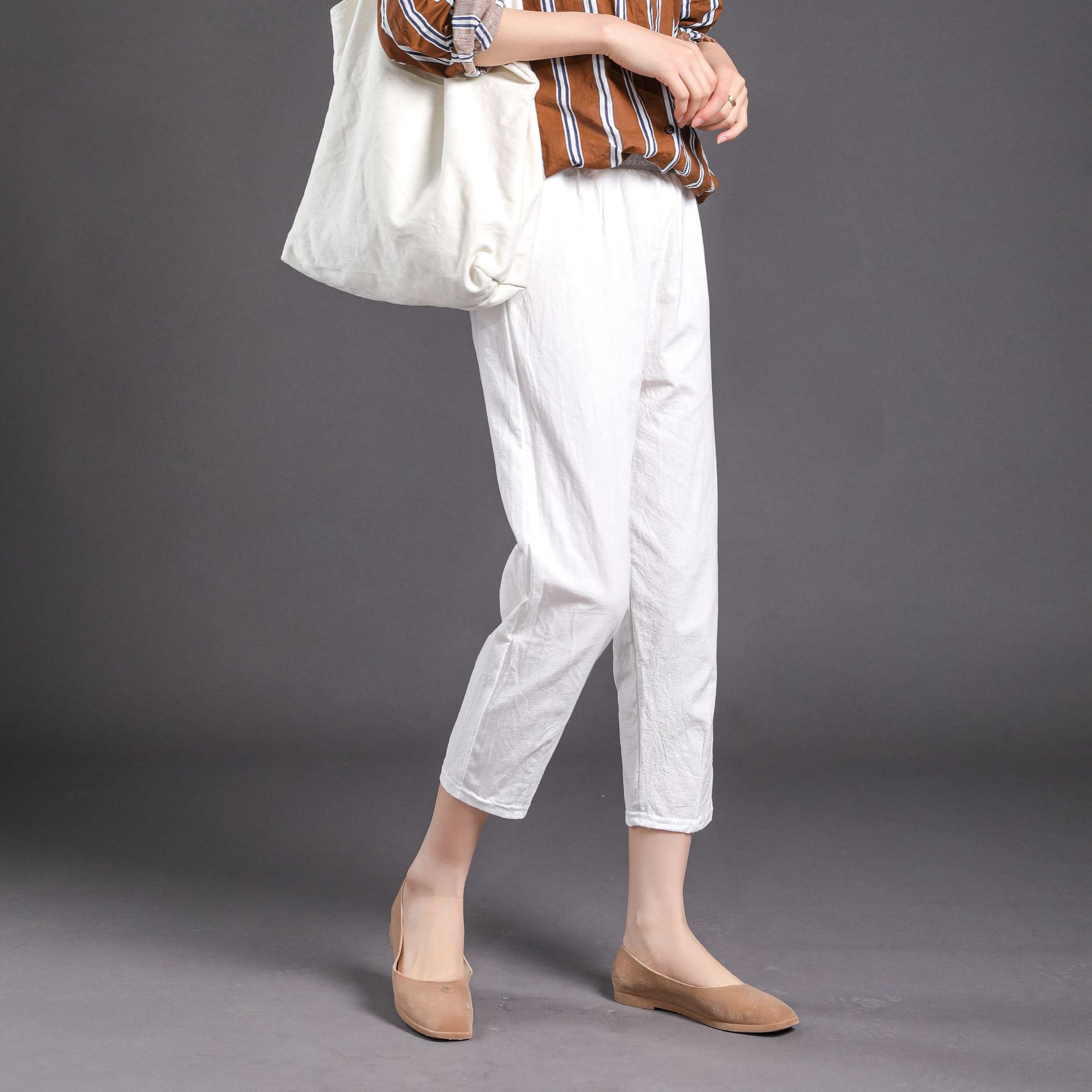 Solid Color Cotton And Linen Harem Cropped Pants