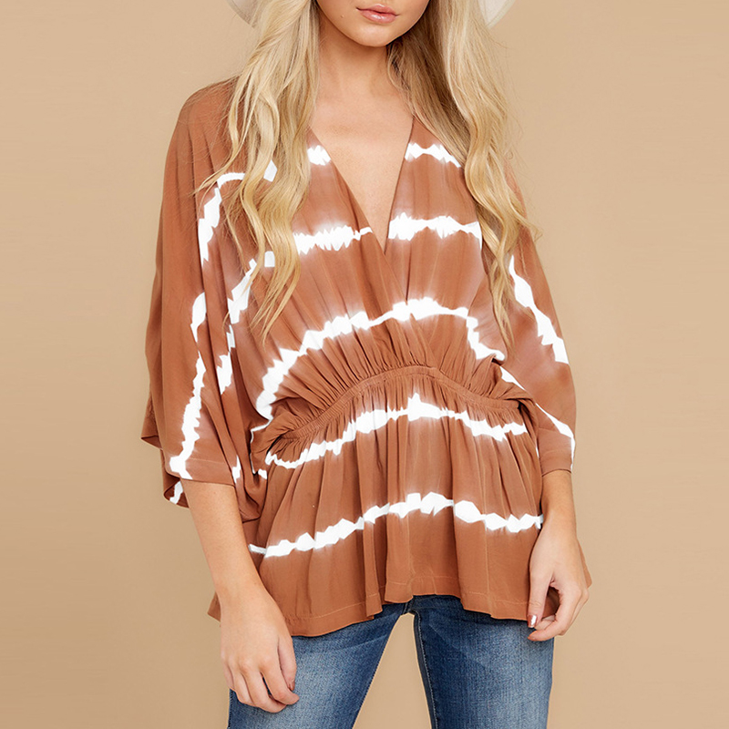 Tie dye Print Dolman Sleeve Drawstring V neck T shirt