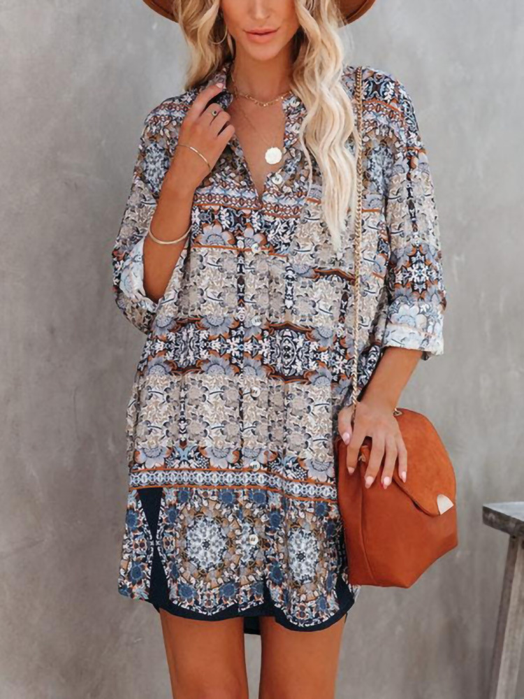 Ethnic Print Casual Long Sleeve Dress