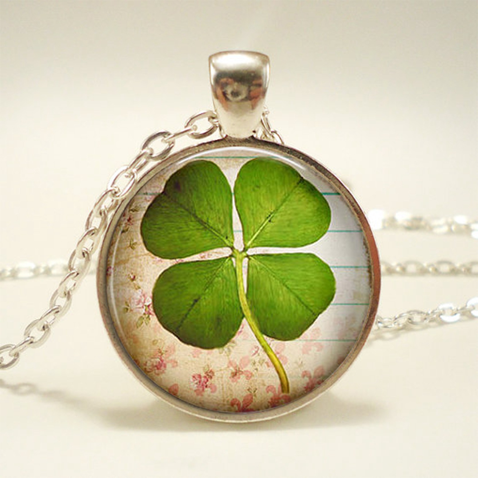 Four Leaf Clover New Time Gemstone Glass Pendant Necklace