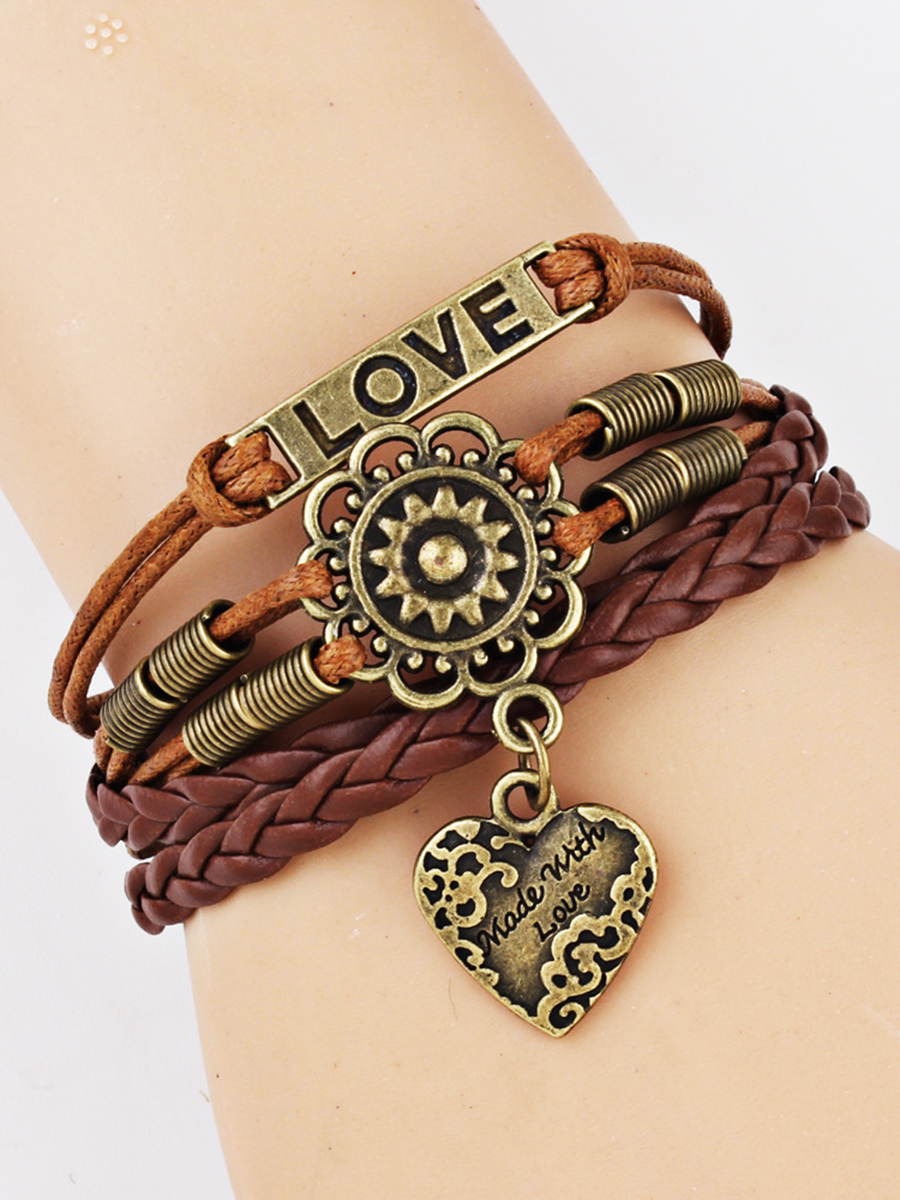 Fashion Jewelry Brown Braided Rope Love Sun Flower Letter Bracelet