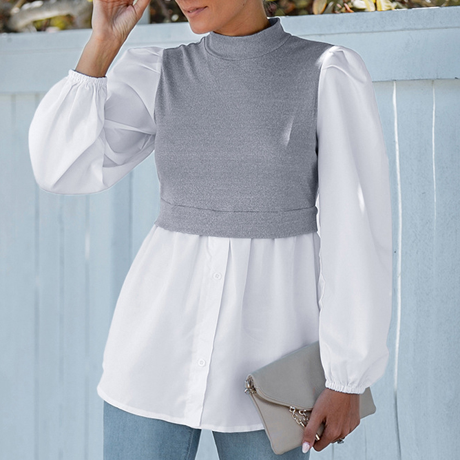 Solid Color Fake Two Piece Half Turtleneck Puff Sleeve Top