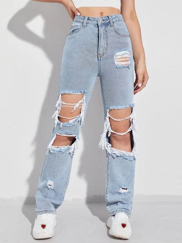 Light Blue Washed Ripped High Rise Casual Straight Jeans
