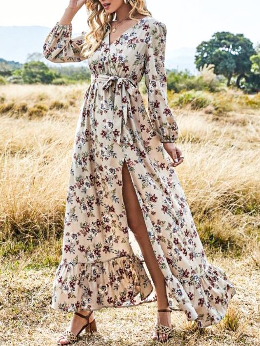 Bohemian Floral Print V neck Stitching Hem Long Sleeve Maxi Dress