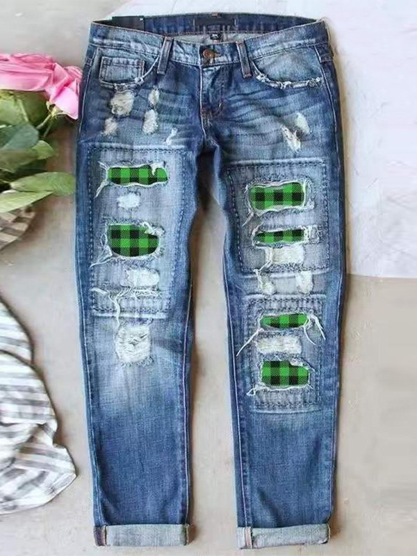 Green Ripped Plaid Straight Denim