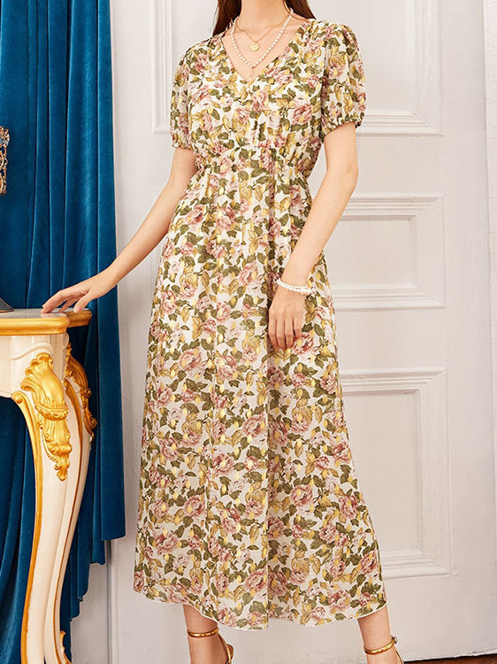 Vintage Floral Print V Neck Short Sleeve Maxi Dress