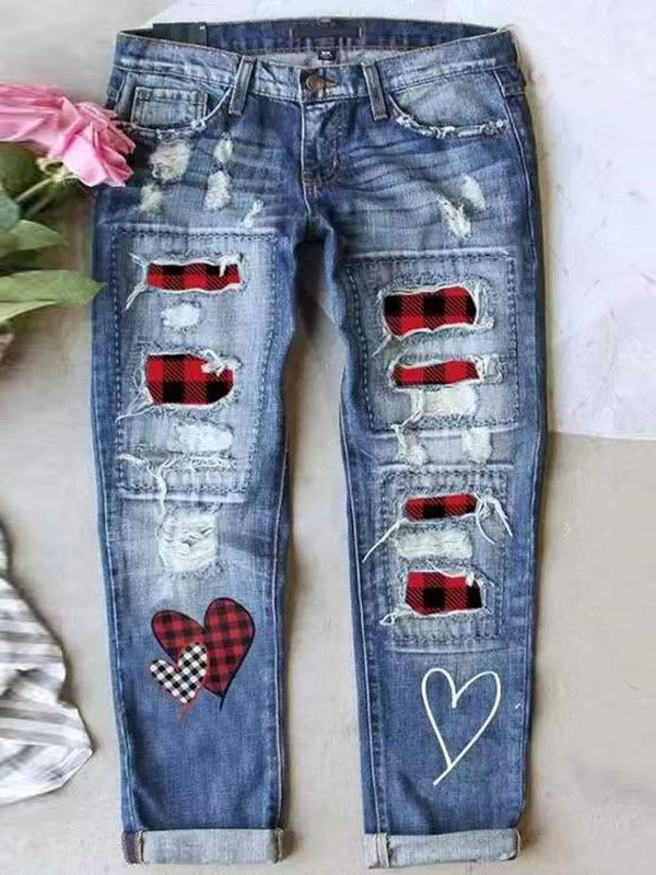 Statement Patch Red Check Ripped Straight Jeans