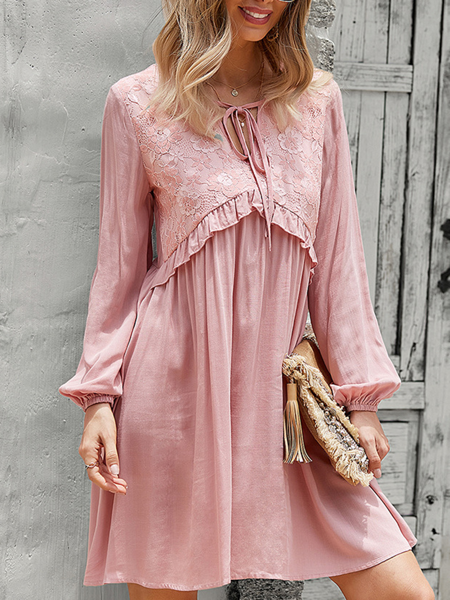 Solid Lace Panel V Neck Tie Rope Long Sleeve Dress