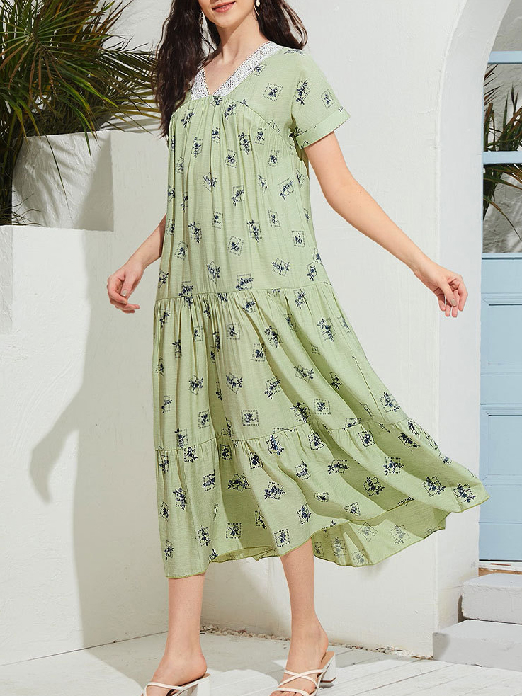 Floral Print Lace V Neck Short Sleeve Panel Hem Maxi Dress