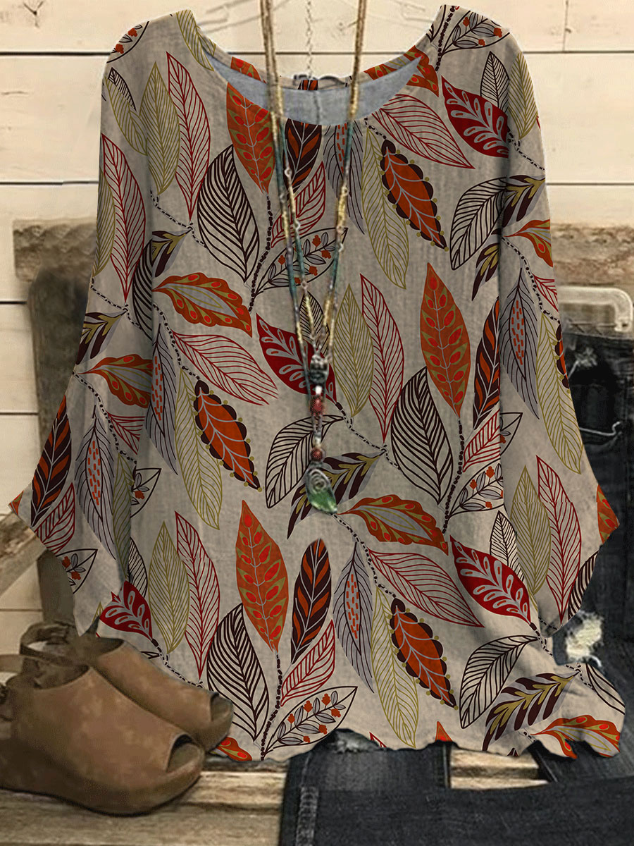 Round Neck Leaf Print Casual Loose Long sleeved Blouse