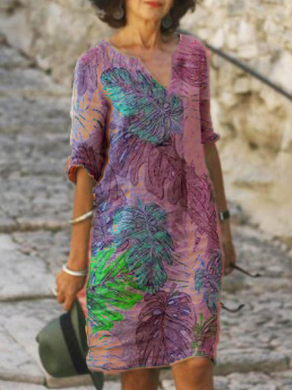 New Printed Mid sleeve V neck Dress