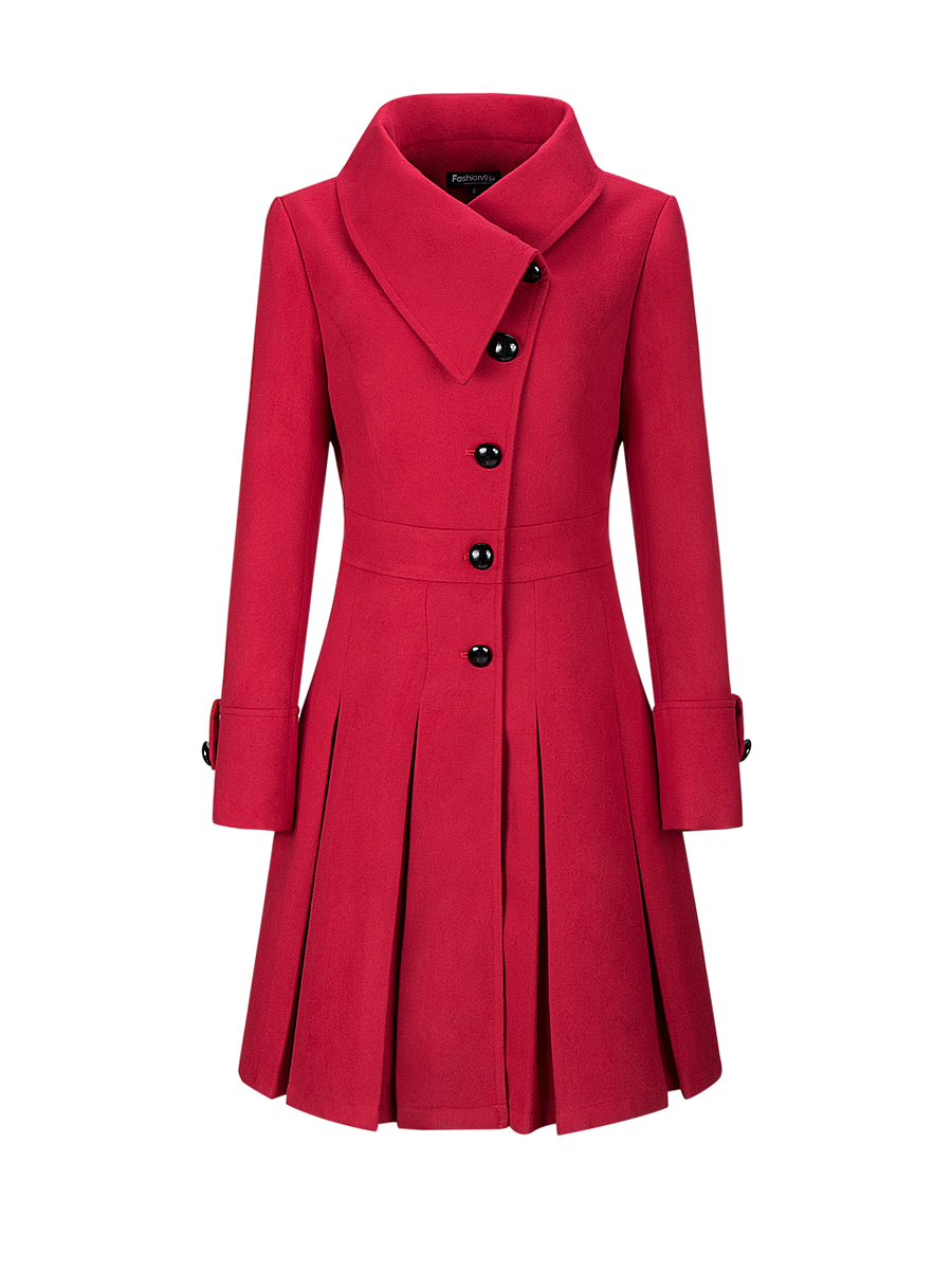 Fold Over Collar Single Breasted Plain Swing Woolen Coats