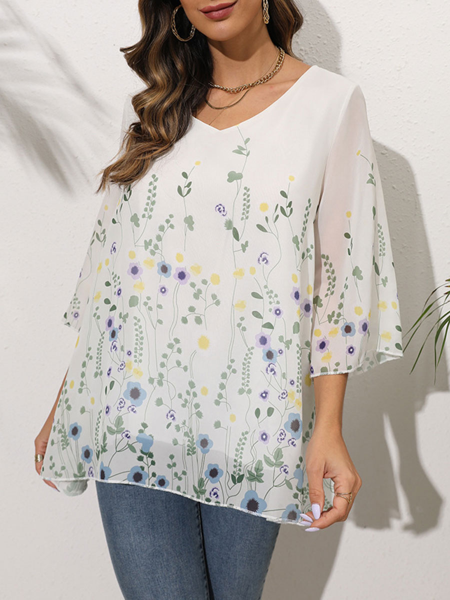 Floral Print V neck Long Sleeve Chiffon Shirt