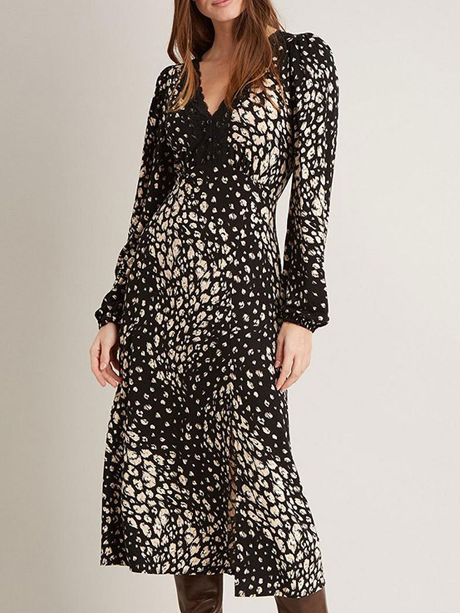 Lace V Neck Printed Slit Dress