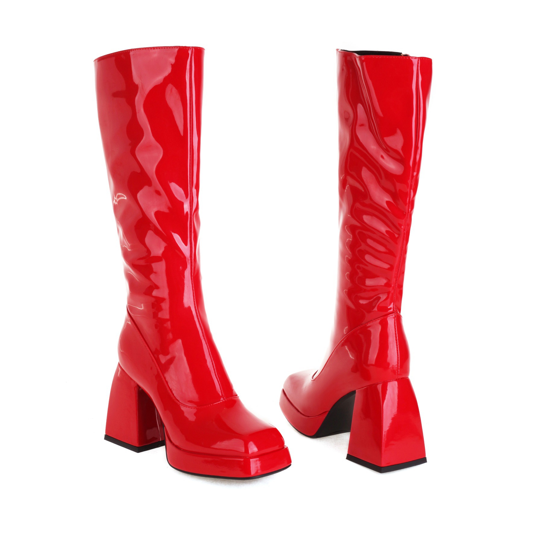 Ladies Fashionable Square Toe Lacquered High Boots