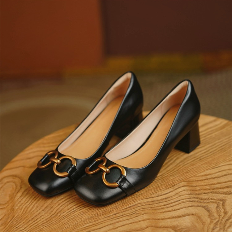 Ladies Retro Square Toe Buckle High Heels