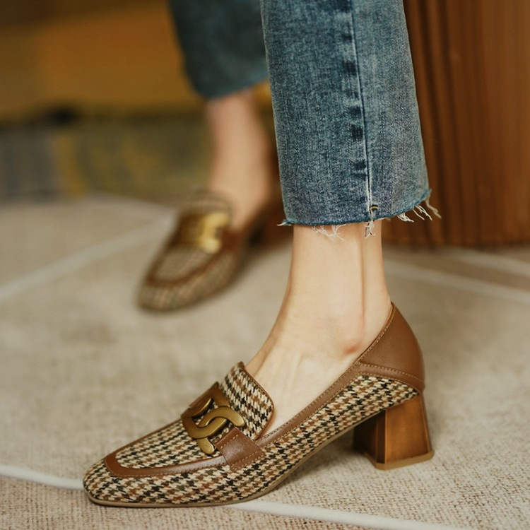 Ladies Retro Round toe Houndstooth Loafers