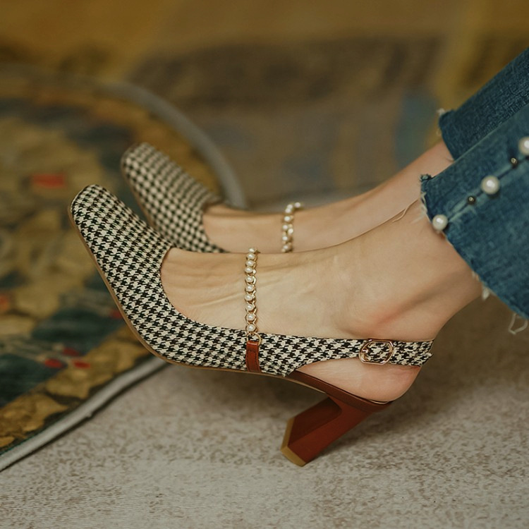 Ladies Retro Square Toe Hollow High Heels