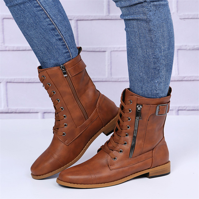 Ladies Retro Pointed Toe Strapping Motorcycle Boots