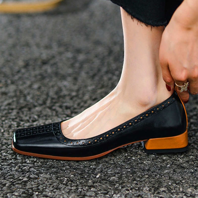 Ladies Retro Square Toe Perforated Loafers