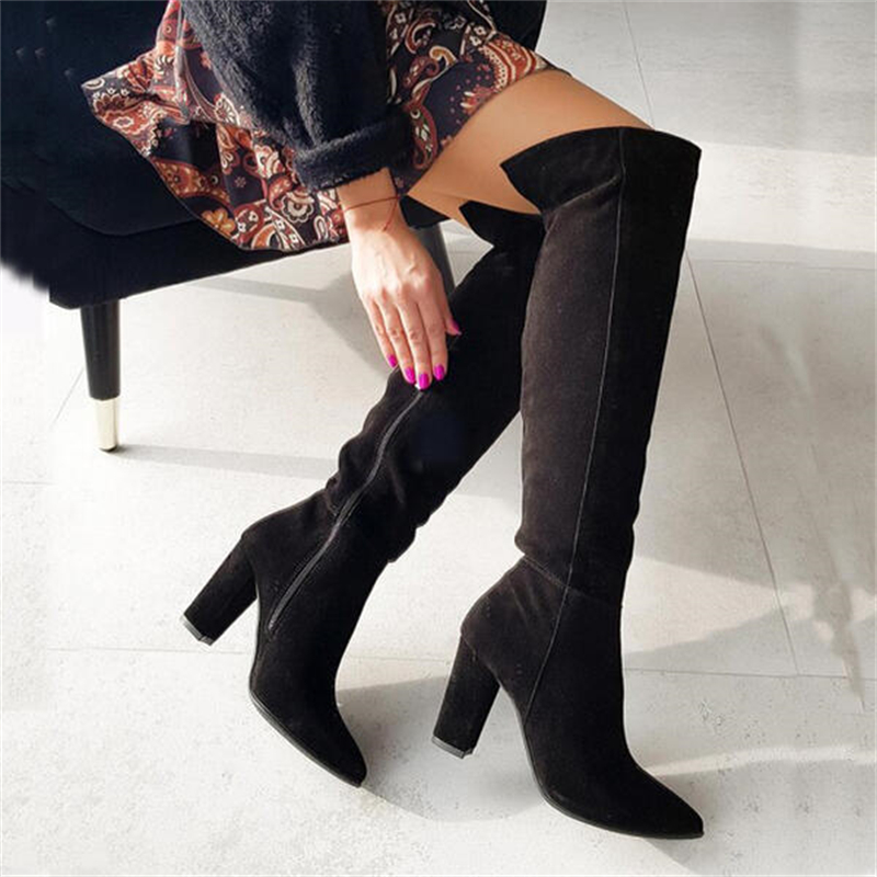 Women's Pointed Solid Color Suede Zipper High Boots