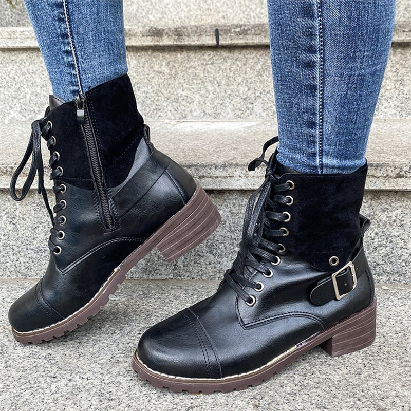 Ladies Retro Round Head Oily Stitching Lace up Motorcycle Boots