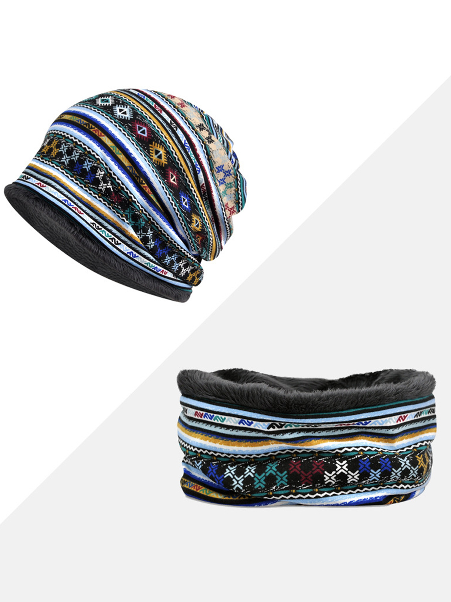 Women Useful Cotton Print Stripe Beanie Hat Outdoor Windproof For Both Head And Neck Warmer Snow Hat