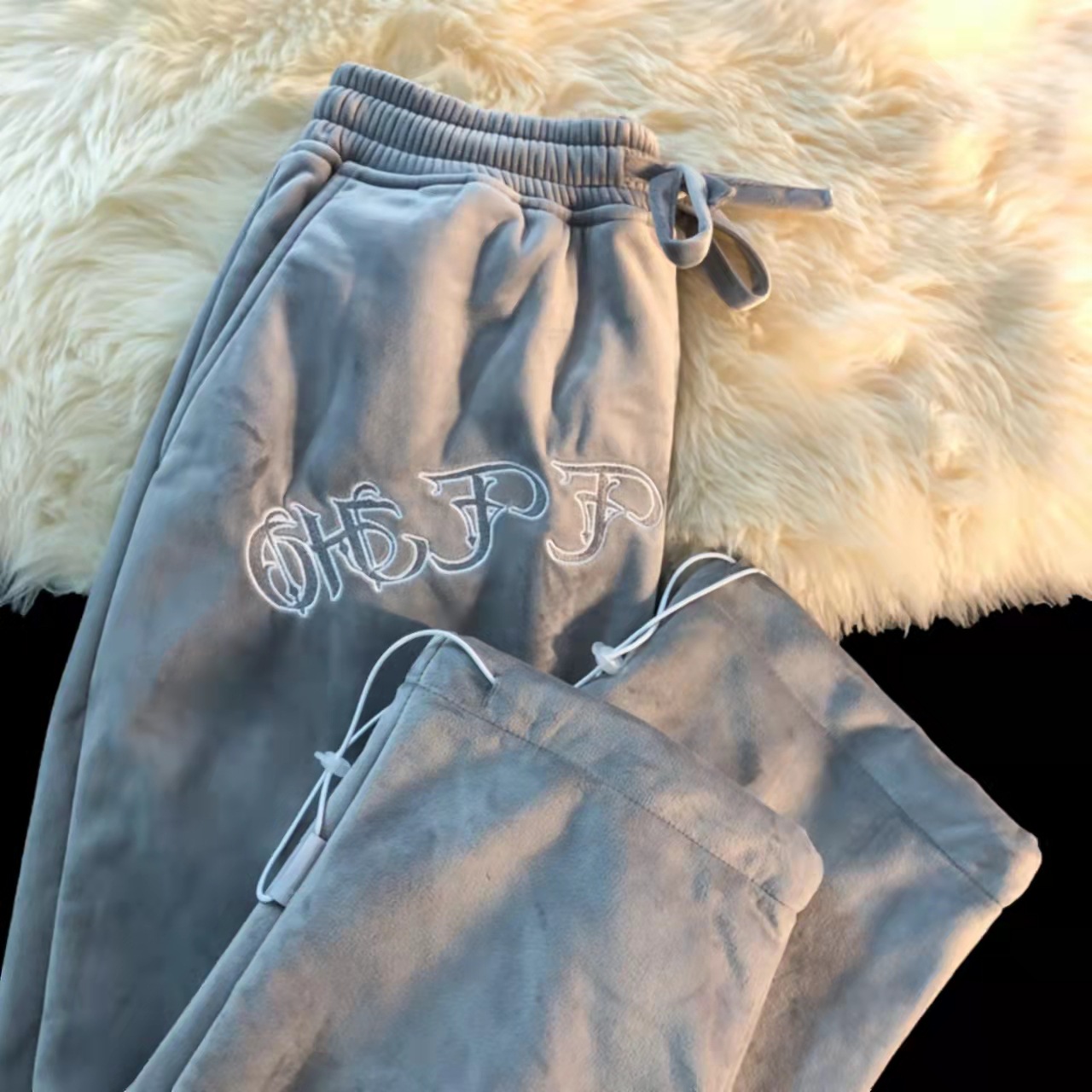 Unisex Flannel Letter Embroidery Retro High Street Thickened Straight Leg Casual Pants