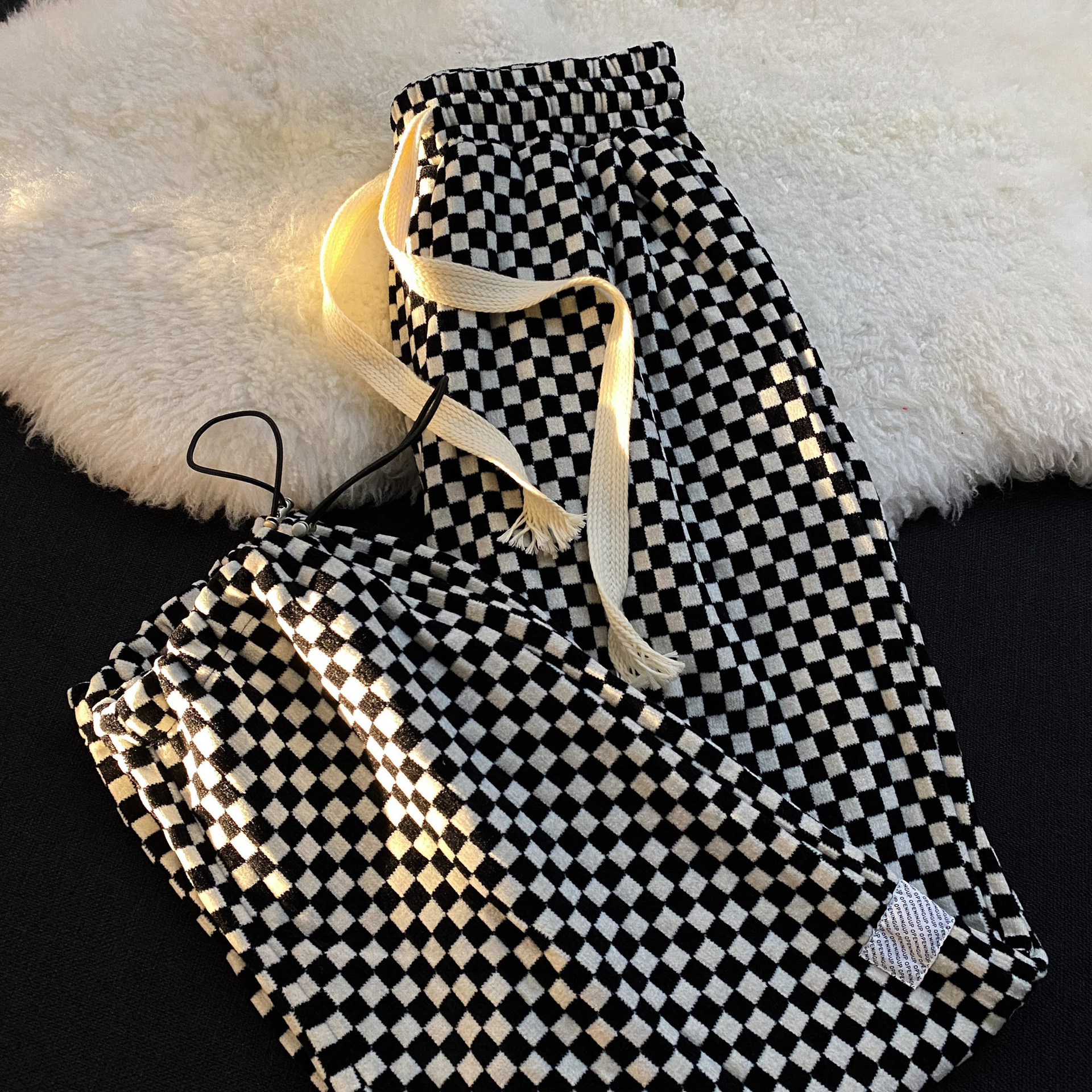 Unisex Checkerboard Casual Straight Drape Check Drawstring Trousers