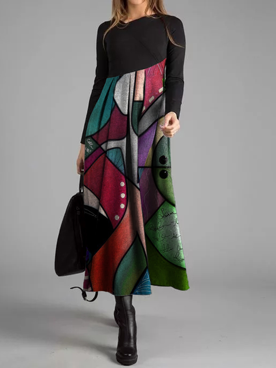 Ethnic Style Asymmetric Split Abstract Pattern Dress