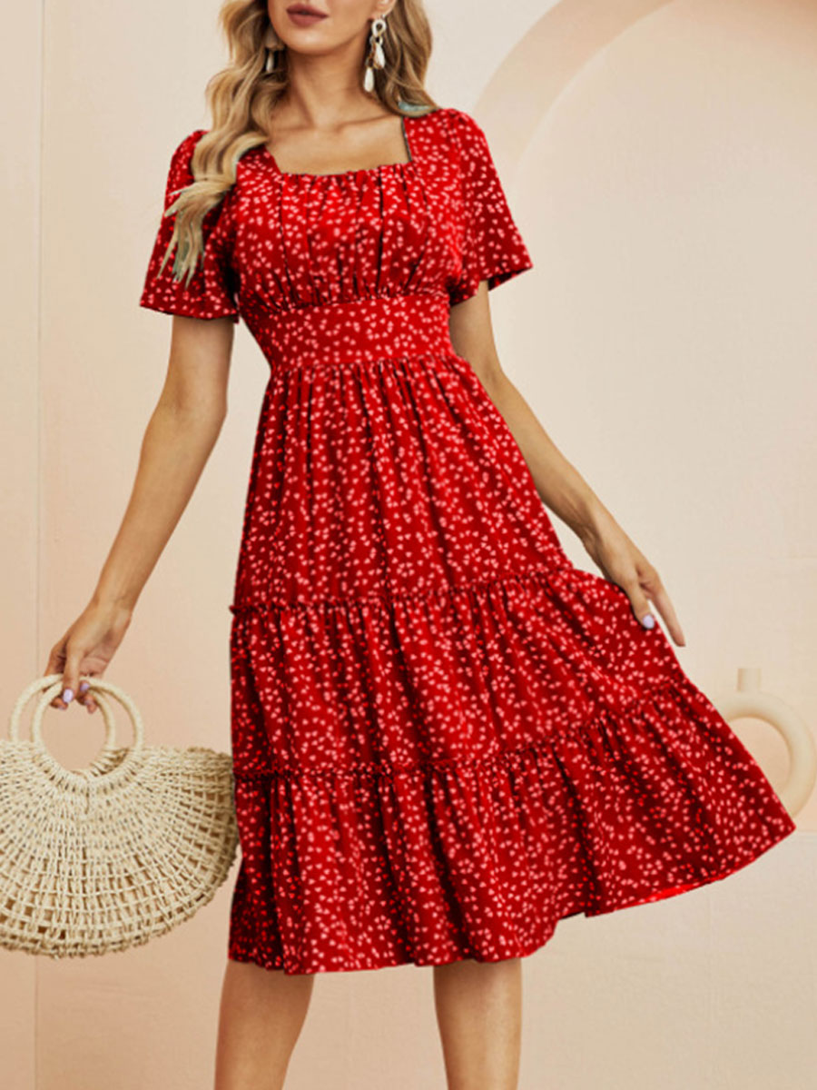 Elegant Square Neck Floral Print Dress