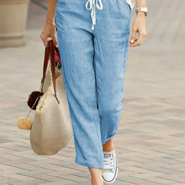 Spring And Autumn Solid Color Loose Casual Drawstring Elastic Waist Cotton And Linen Trousers - Blaroken.com 