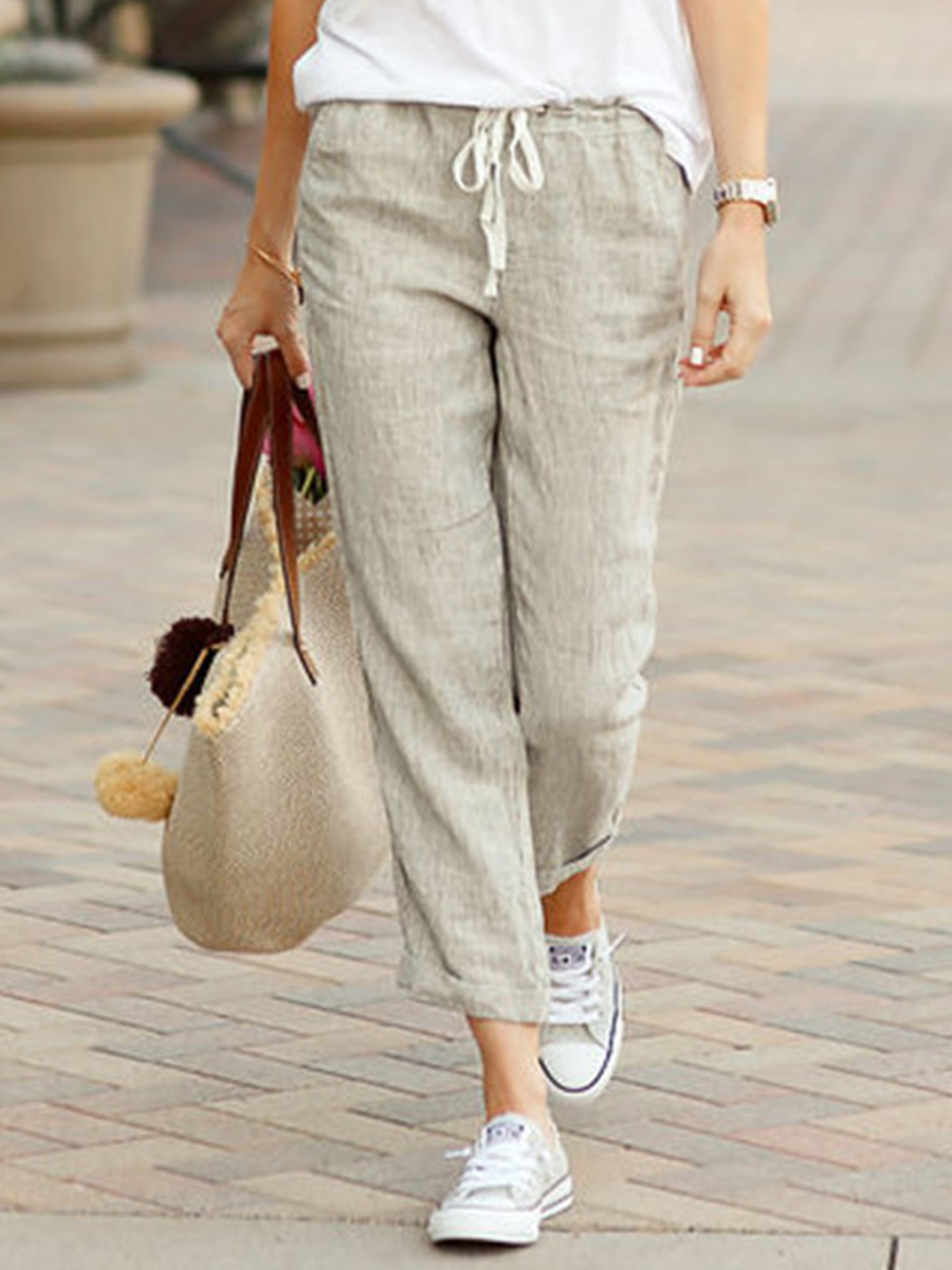 Spring And Autumn Solid Color Loose Casual Drawstring Elastic Waist Cotton And Linen Trousers