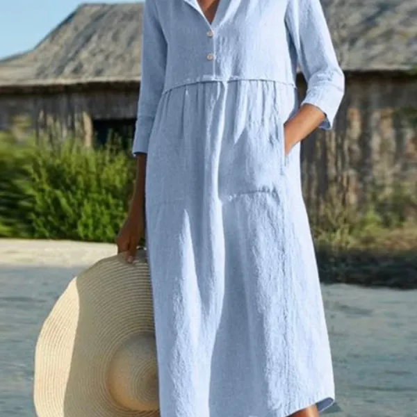 Women Casual Plain Short Sleeve Linen Dress - Blaroken.com 