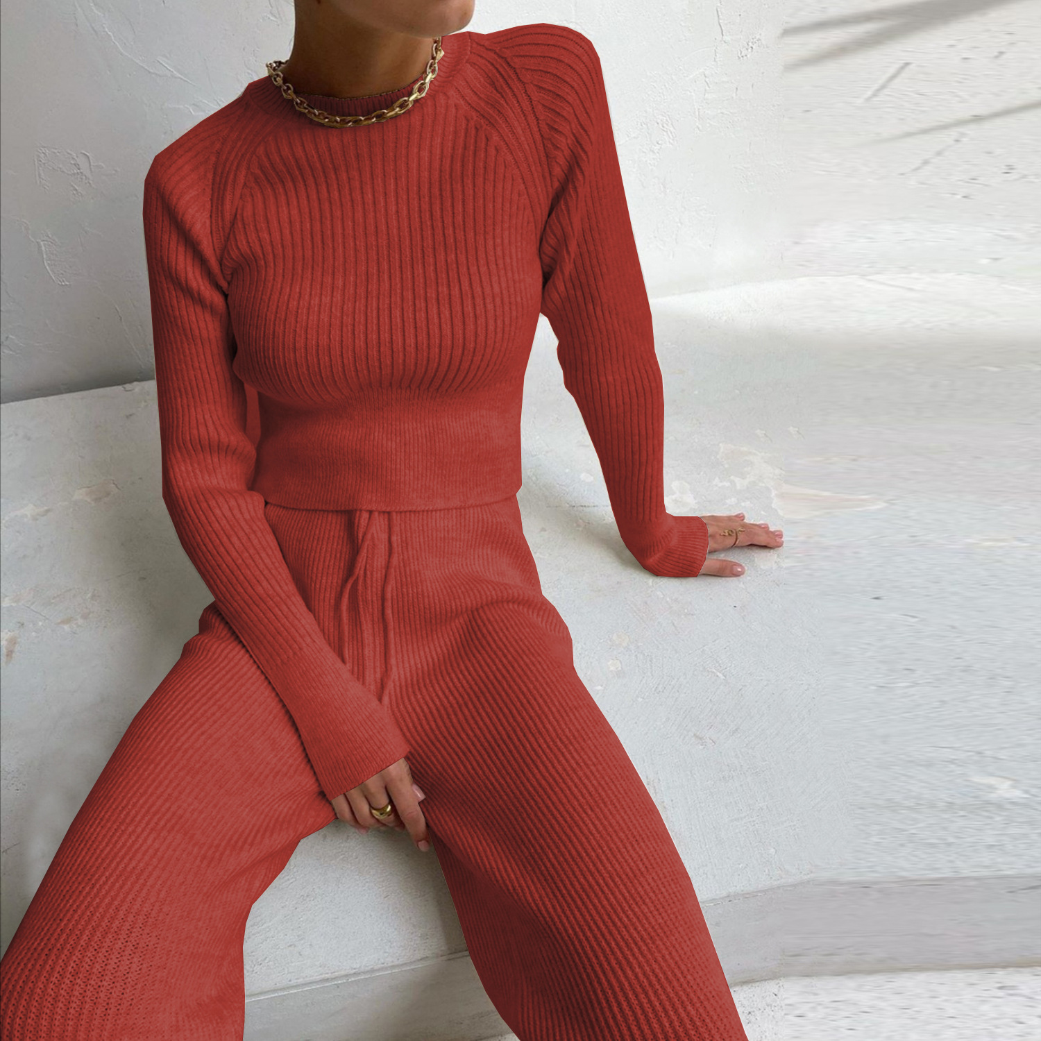 Women's Fashion Casual Long Sleeve Solid Sweater Two Piece Set