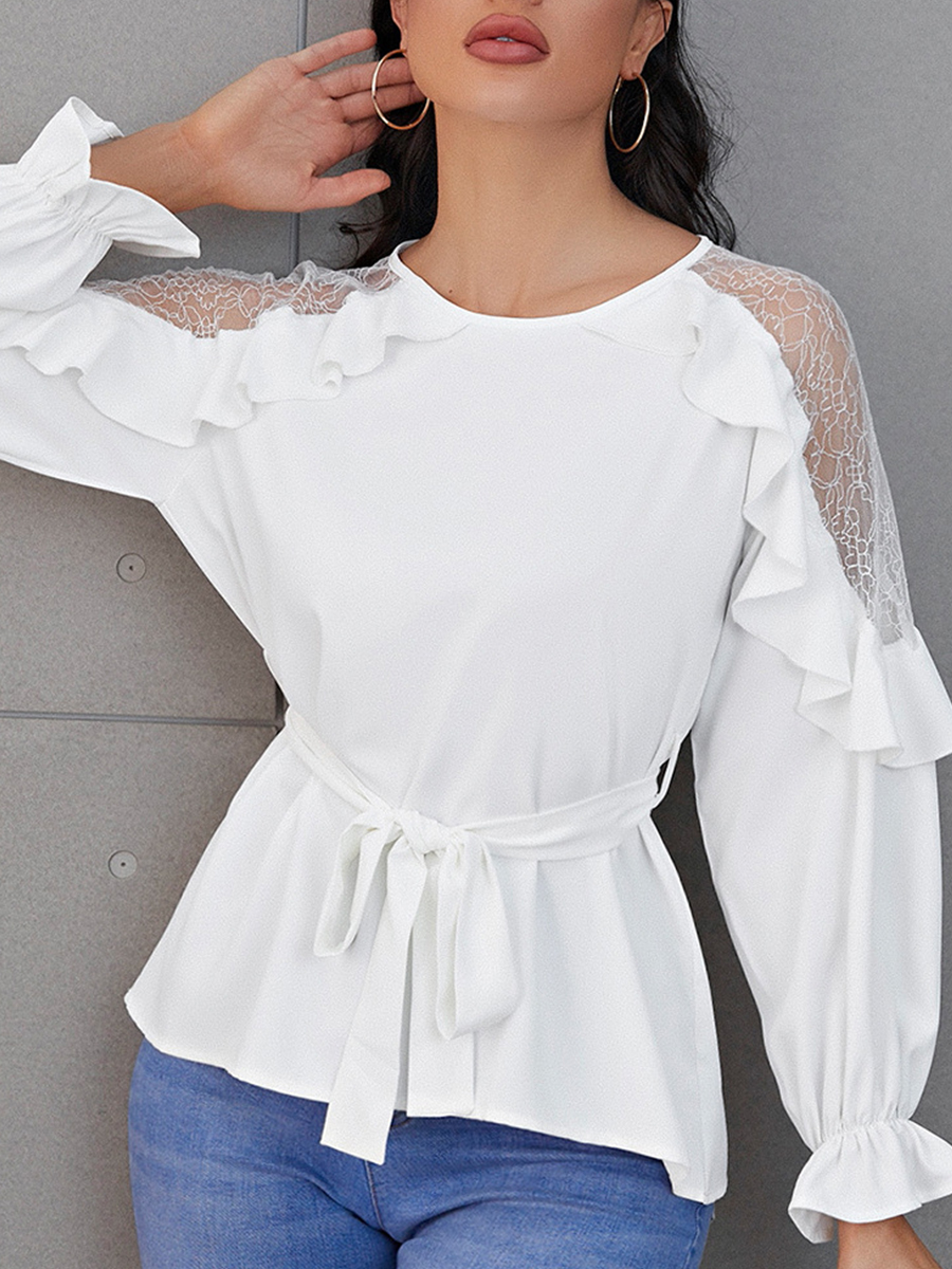 Solid Color Round Neck See through Gauze Lace up Shirt