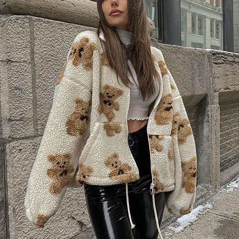 Fashion Bear Loose Zipper Pocket Cardigan Jacket