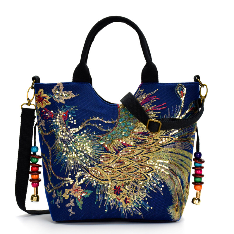 National Wind Embroidered Canvas Peacock Embroidered Handbag