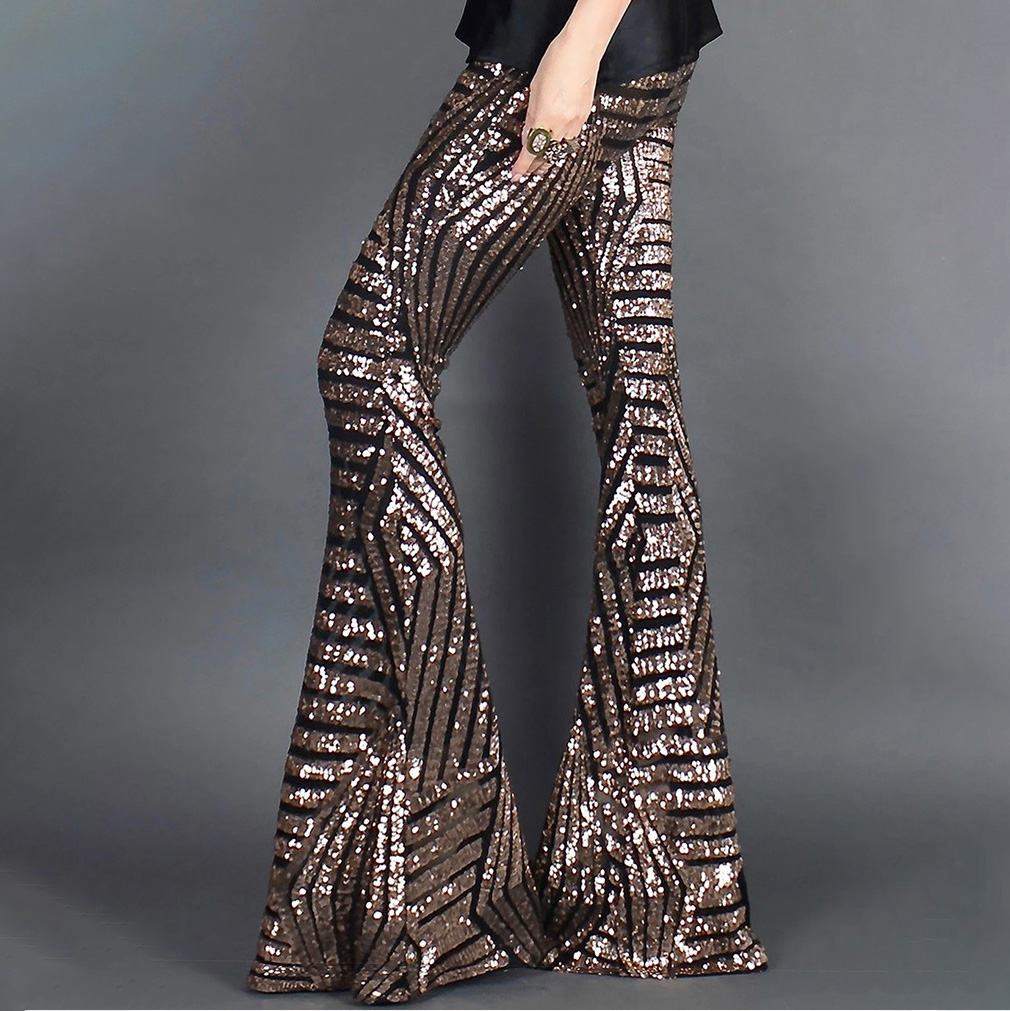 Elegant High waisted Sequined Black Bell Bottoms