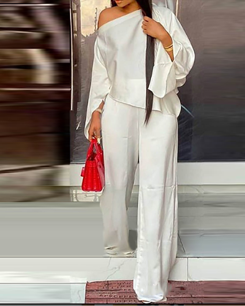 Two Sets Of Elegant, Long sleeved, Slant shouldered Wide leg Pants