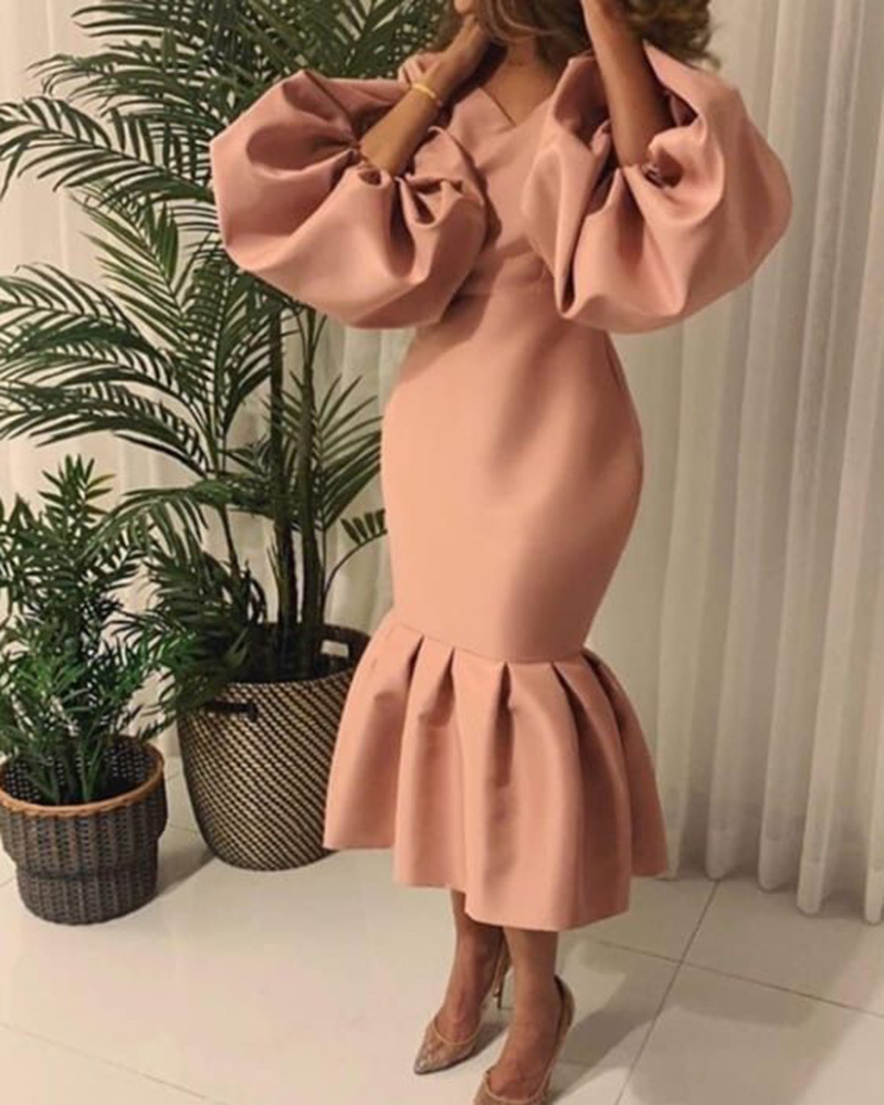Women's Solid Color V Neck Bubble Long Sleeve Fishtail Evening Dress