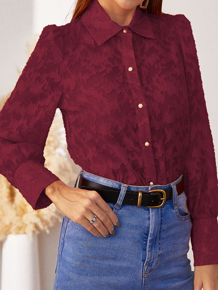 French Professional Elegant Lace Jacquard Lapel Long Sleeve Shirt