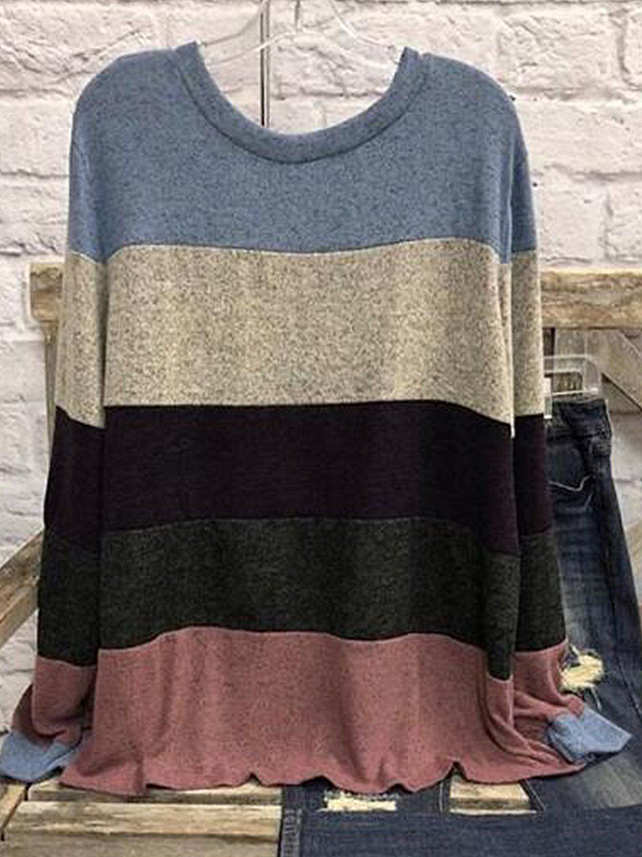 Casual Color Block Long sleeved Striped T shirt