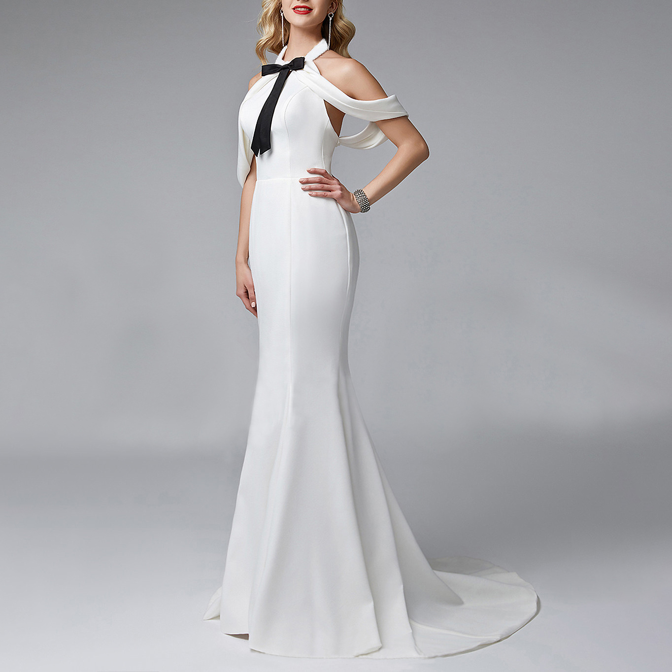 Ladies Elegant White Bow Fishtail Dress