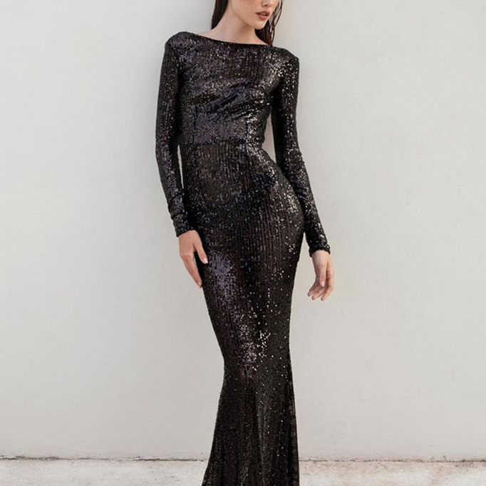 Women's Long Sleeve U shaped Backless Sequined See through Dress