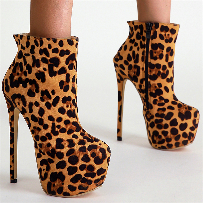 Ladies Vintage Round Toe Leopard Print Platform High Heels