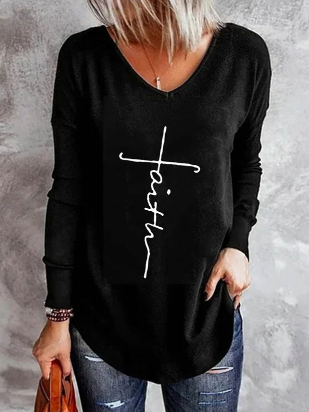 Faith Cross Long Sleeve V neck T shirt